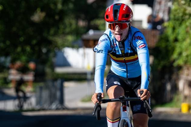 Belgian Fleur Moors is pictured in action during a training before the cycling European Championships, in Ljubljana, Slovenia, Thursday 1 October 2026. The UEC road championships are taking place from 03 to 07 October. DAVIDxPINTENS  x188430664x
