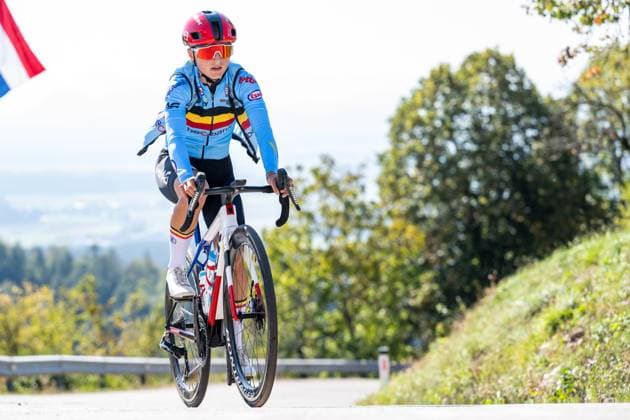 Belgian Fleur Moors is pictured in action during a training before the cycling European Championships, in Ljubljana, Slovenia, Thursday 1 October 2026. The UEC road championships are taking place from 03 to 07 October. DAVIDxPINTENS  x188430674x