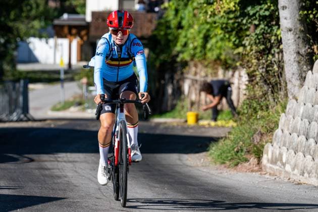 Belgian Fleur Moors is pictured in action during a training before the cycling European Championships, in Ljubljana, Slovenia, Thursday 1 October 2026. The UEC road championships are taking place from 03 to 07 October. DAVIDxPINTENS  x188430659x