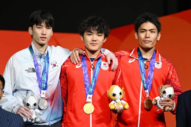 (L-R) LEE Dohyun (KOR), Sorato Anraku (JPN), Tomoa Narasaki (JPN), SEPTEMBER 30, 2026 - Sports Climbing : Men s Boulder Award ceremony at Nagoya International Exhibition Hall (Portmesse Nagoya) during the Asian Games Aichi-Nagoya 2026 in Aichi, Japan. Noxthirdxpartyxsales  aflo_352176095 KenjiroxMatsuox
