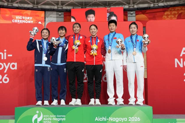 (260930) -- IZU, Oct. 1, 2026 (Xinhua) -- Gold medalists Kakita Maho (3rd L) Uchino Tsuyaka (3rd R) of Japan, silver medalists Lee Sze Wing (2nd L) Leung Wing Yee (1st L) of Hong Kong of China, bronze medalists Chen Ning (2nd R) Gong Xianbing of China pose during the awarding ceremony for the women s Madison of cycling track at the 20th Asian Games Aichi-Nagoya 2026 in Izu of Shizuoka Prefecture, Japan, Oct. 1, 2026. (Xinhua ) (SP)JAPAN-IZU-CYCLING TRACK-ASIAN GAMES-WOMEN S MADISON-FINAL - ZUMA-CYC 0868306849st Copyright: xCenxYunpengx