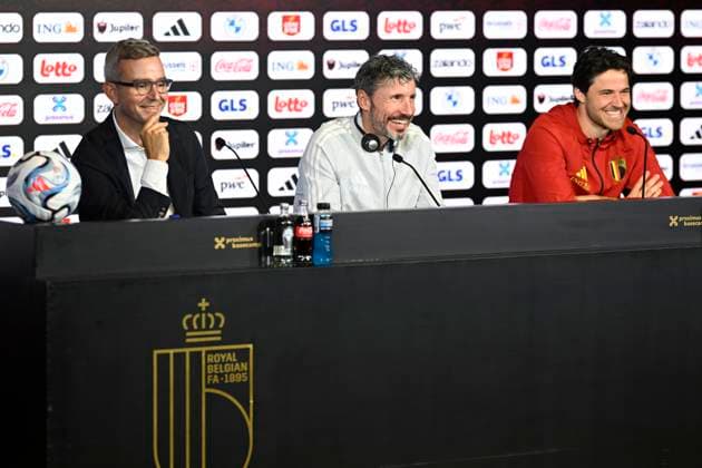 Belgium v Turkey - UEFA Nations League 2026 Media Activities 01 10 2026 TUBIZE, BELGIUM - OCTOBER 01 : Istace Mathieu sports communication director of Royal Belgian Football Federation, Van Bommel Mark head coach of Belgium and Lammens Senne goalkeeper of Belgium talking to the media during a pre-match press conference, PK, Pressekonferenz ahead of the UEFA Nations League tournament league phase matchday 3 group A1 match between Belgium and Turkey on October 1, 2026 in Tubize, Belgium, 01 10 2026 Tubize Belgium  Copyright: xNicoxVereeckenx
