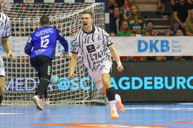 September 30, 2026, xgox, Handball Opel HBL SC Magdeburg vs. THW Kiel, emspor, from left: Vincent Büchner (Kiel), 74, cheering, goal celebration, celebrating the goal, Magdeburg