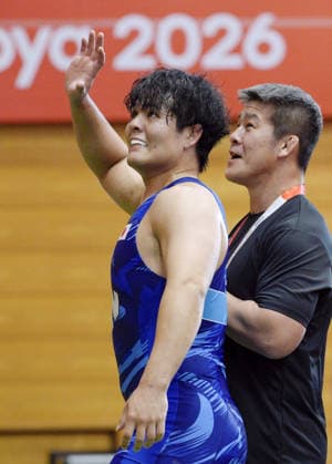 Aichi-Nagoya Asian Games: Wrestling Japan s Yuri Nakazato (L) celebrates after beating Nitesh of India in the Aichi-Nagoya Asian Games men s wrestling Greco-Roman 97-kilogram final at Nagoya City Inae Sports Center in Nagoya, central Japan, on Oct. 1, 2026. A14AA0005629663P