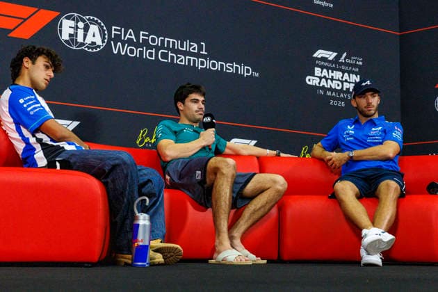 1st October 2026; Sepang IC, Kuala Lumpur, Malaysia; Formula 1, Bahrain Grand Prix, Arrival Day; Visa Cash App Racing Bulls Formula One Team driver Arvid Lindblad of Great Britain, Aston Martin Aramco Formula One Team driver Lance Stroll of Canada, BWT Alpine Formula One Team driver Pierre Gasly of France during the press conference, PK, Pressekonferenz at the Bahrain Grand Prix StephenxBlackberry