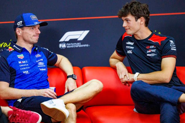 1st October 2026; Sepang IC, Kuala Lumpur, Malaysia; Formula 1, Bahrain Grand Prix, Arrival Day; Oracle Red Bull Racing driver Max Verstappen of Netherlands, TGR Haas F1 Team driver Oliver Bearman of Great Britain during the press conference, PK, Pressekonferenz at the Bahrain Grand Prix StephenxBlackberry