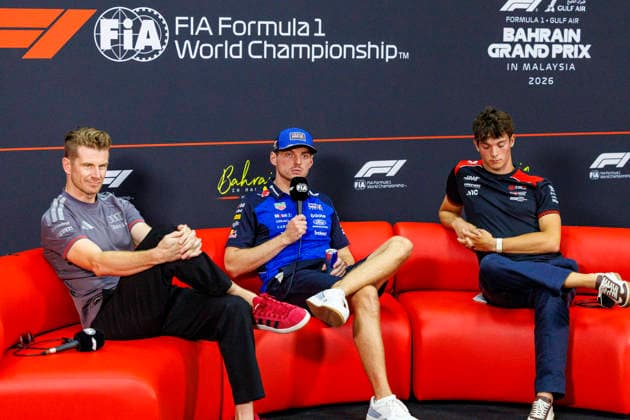 1st October 2026; Sepang IC, Kuala Lumpur, Malaysia; Formula 1, Bahrain Grand Prix, Arrival Day; Audi Revolut F1 Team driver Nico Hulkenberg of Germany, TGR Haas F1 Team driver Oliver Bearman of Great Britain, Oracle Red Bull Racing driver Max Verstappen of Netherlands during the press conference, PK, Pressekonferenz at the Bahrain Grand Prix StephenxBlackberry