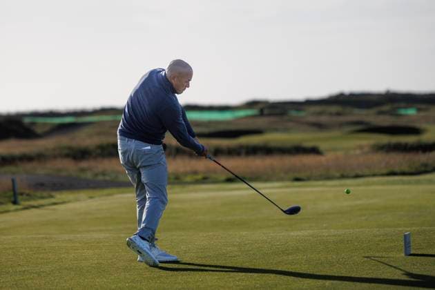1st October 2026; Carnoustie Golf Links, Carnoustie, Angus, Scotland; DP World Tour Golf, Alfred Dunhill Links Championship, Day 1; American professional surfer Kelly Slater plays a shot from the tee on the second hole DavidxYoung
