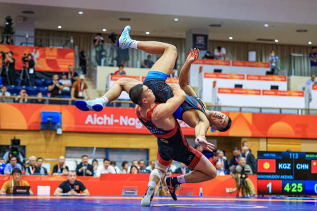 Asian Games, 77 kg Greco-Roman: Akzhol Makhmudov (KZ) def. Rui Liu (CHN) Copyright: xAmirrezaxAliasgarix