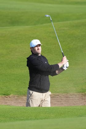 RECORD DATE NOT STATED 1st October 2026; Old Course at St Andrews, Mount Melville, Scotland; DP World Tour Golf, Alfred Dunhill Links Championship, Day 1; Gareth Bale plays out of a greenside bunker on the 15th hole AlecxBrown