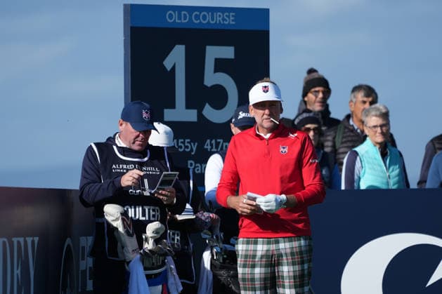 RECORD DATE NOT STATED 1st October 2026; Old Course at St Andrews, Mount Melville, Scotland; DP World Tour Golf, Alfred Dunhill Links Championship, Day 1; Ian Poulter prepares to play his tee shot on the 16th hole AlecxBrown
