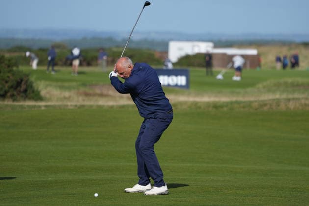 RECORD DATE NOT STATED 1st October 2026; Old Course at St Andrews, Mount Melville, Scotland; DP World Tour Golf, Alfred Dunhill Links Championship, Day 1; Steve Redgrave plays his approach shot at the 15th hole AlecxBrown