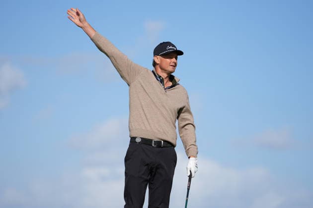 RECORD DATE NOT STATED 1st October 2026; Old Course at St Andrews, Mount Melville, Scotland; DP World Tour Golf, Alfred Dunhill Links Championship, Day 1; Tom Chaplin signals left after his tee shot on the 16th hole AlecxBrown