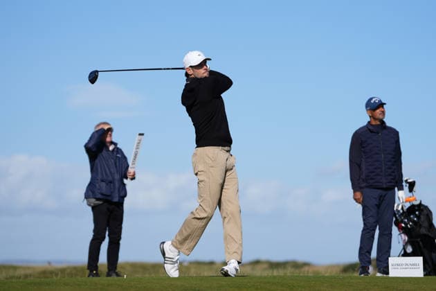 RECORD DATE NOT STATED 1st October 2026; Old Course at St Andrews, Mount Melville, Scotland; DP World Tour Golf, Alfred Dunhill Links Championship, Day 1; Gareth Bale plays his tee shot on the 16th hole AlecxBrown