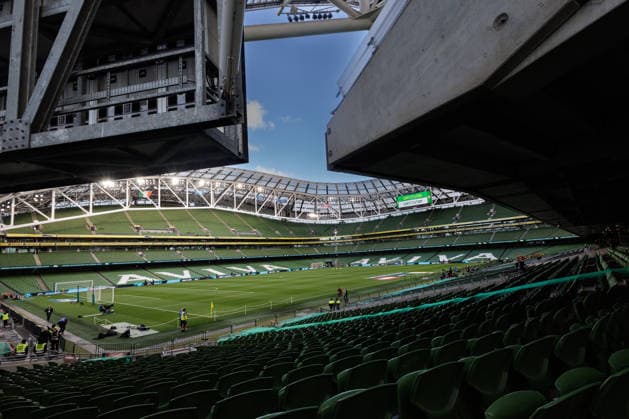 SOCCER - NL, IRL vs AUT DUBLIN,IRELAND,01.OCT.26 - SOCCER - UEFA Nations League, OEFB international match, Länderspiel, Nationalmannschaft Ireland vs Austria. Image shows an overview of the Aviva Stadium. GEPAxpictures xArminxRauthner