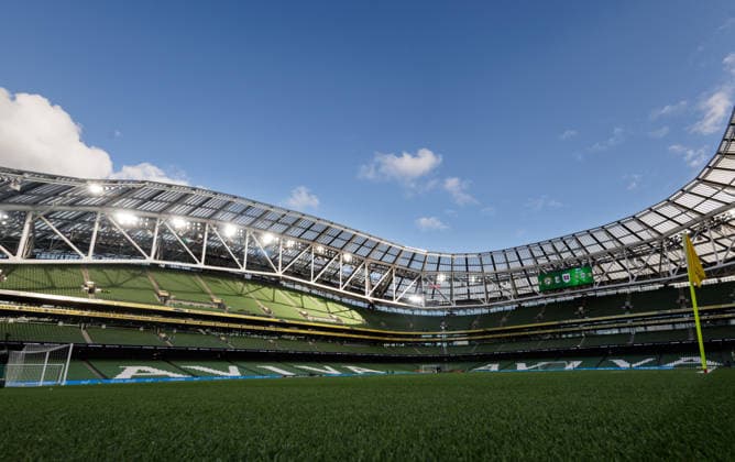 SOCCER - NL, IRL vs AUT DUBLIN,IRELAND,01.OCT.26 - SOCCER - UEFA Nations League, OEFB international match, Länderspiel, Nationalmannschaft Ireland vs Austria. Image shows an overview of the Aviva Stadium. GEPAxpictures xArminxRauthner