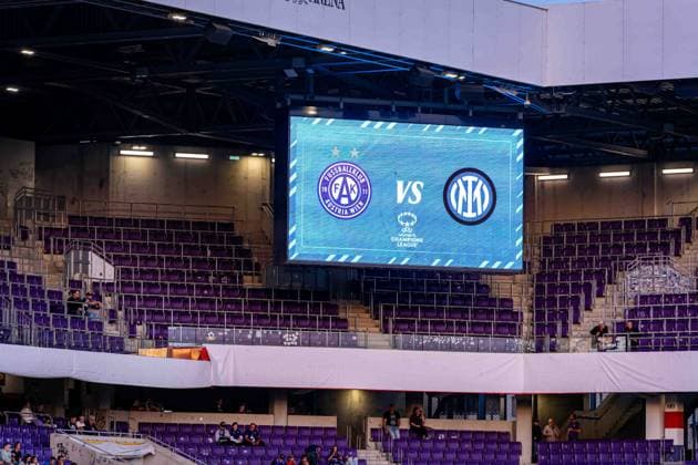 SOCCER - WCL, A.Wien vs Inter VIENNA,AUSTRIA,01.OCT.26 - SOCCER - UEFA Women s Champions League, FK Austria Wien vs FC Internationale Milano. Image shows Generali Arena also known as Horr Stadion and the Videowall with logos of both teams.  GEPAxpictures xKevinxHackner