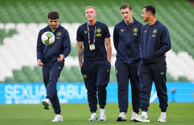 UEFA Nations League Group Stage, Aviva Stadium, Dublin 1 10 2026 Republic of Ireland vs Austria Ireland™s Troy Parrott, Killian Phillips, Jimmy Dunne and Adam Idah Troy Parrott, Killian Phillips, Jimmy Dunne and Adam Idah 1 10 2026  Copyright: xx RB1_6565