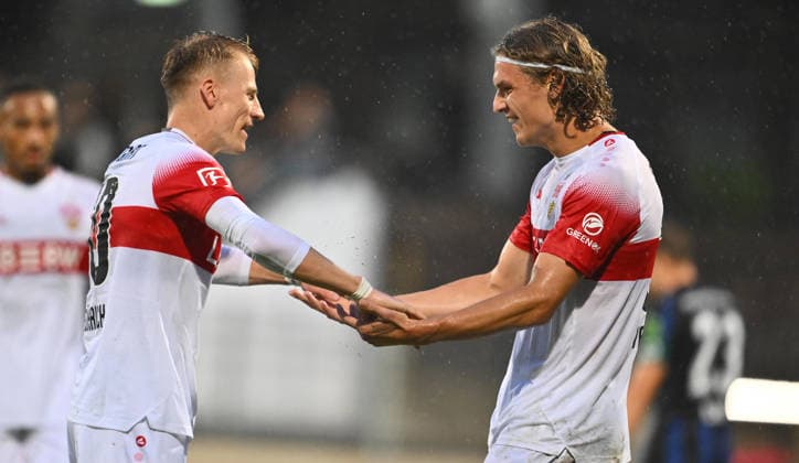 October 1, 2026 Soccer Season 2026–2027 Exhibition Match Friendly Match Preseason Match VfB Stuttgart vs. SpVgg Greuther Fürth Kleeblatt Sports Photo by Zink xwoxzix; regulations prohibit any use of photographs as image sequences and or quasi-video; for editorial use only. Goal celebrationCelebration, joy after a goal, shot on goal for the 4–0 by Tim van der Leij 34, VfB Stuttgart; Chris Führich 10, VfB Stuttgart; Tim van der Leij 34, VfB Stuttgart