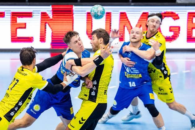 October 1, 2026, Germany, Handball, Men, 2026–2027 Season, Opel 1st Division, Matchday 7, ThSV Eisenach vs. TVB Stuttgart: Samuel Roethlisberger (TVB Stuttgart), Malte Donker (TVB Stuttgart), Oskar Joelsson (ThSV Eisenach), 399817 Eisenach, Werner Assmann Hall, Am Sportpark, Thuringia, Germany