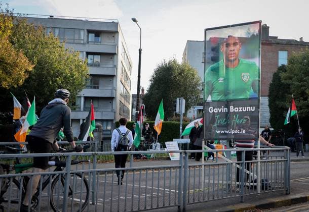 Pro Palestinian protestors pictured outside the Aviva stadium before tonights game against Austria Republic of Ireland v Austria, UEFA Nations League, League B - Group 3, International Football, Aviva Stadium, Dublin, Ireland - 01 Oct 2026Dublin Aviva Stadium Ireland  Copyright: xLorrainexO Sullivan Shutterstockx 17178960c