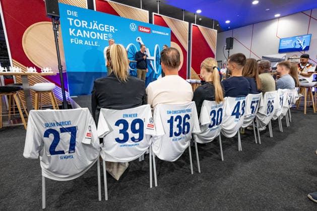 Alexandra Popp, soccer player and Olympic champion, and Philipp Lahm, soccer player and 2014 World Cup champion, on stage at the ceremony honoring the top goal scorers in German amateur soccer in the Volkswagen VW Media Lounge, under the motto Goal Scorer’s Cannon for Everyone, in front of them, seated on chairs, are the winners of the individual leagues: GER, Germany vs. Serbia, soccer, UEFA Nations League, League A group stage, Matchday 3, 2026–2027 season, October 1, 2026 DFL DFB REGULATIONS PROHIBIT ANY USE OF PHOTOGRAPHS as IMAGE SEQUENCES and or QUASI-VIDEO Photo: HMB Media, Heike Feiner Copyright: HMBxMedia HeikexFeiner