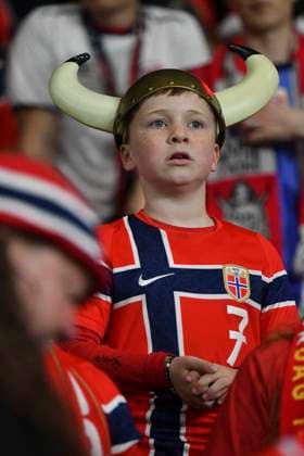 Football - 2026 2027 UEFA Nations League - League A, Group Four: Wales vs. Norway - Cardiff City Stadium - Thursday 1st October 2026 young norway fan in viking horned helmet in crowd colorsport winston bynorth