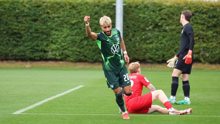 VfL vs. Havelse, Friendly Match, Wolfsburg, October 1, 2026, Soccer, Men s, 2026–2027 Season, Friendly Match, VfL Wolfsburg vs. TSV Havelse, Muhammed Damar of VfL Wolfsburg celebrates after scoring the goal that made it 2–0 for Germany