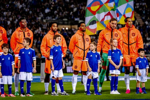 THESSALONIKI: Netherlands midfielder Quinten Timber and Netherlands defender Jurriën Timber stand side by side during the UEFA Nations League match between Greece and the Netherlands at Toumba Stadium on October 1, 2026, in Thessaloniki, Greece. Photo by DeFodi Images