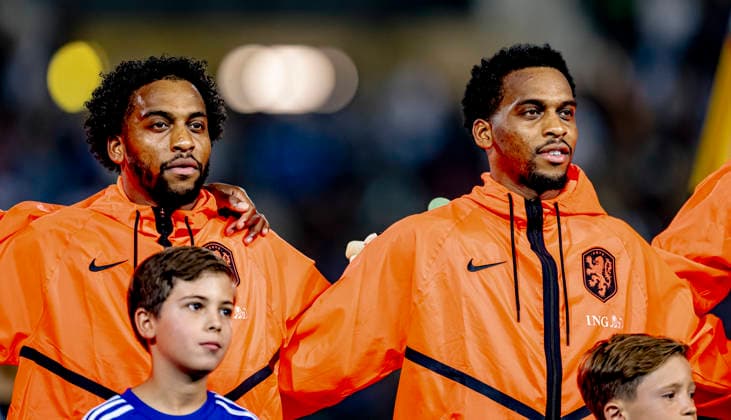 THESSALONIKI: Netherlands midfielder Quinten Timber and Netherlands defender Jurriën Timber during the UEFA Nations League match between Greece and the Netherlands at Toumba Stadium on October 1, 2026, in Thessaloniki, Greece. Photo by DeFodi Images