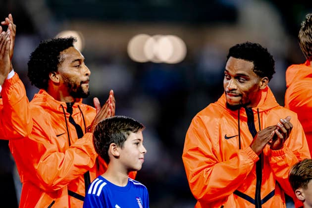 THESSALONIKI: Netherlands midfielder Quinten Timber and Netherlands defender Jurriën Timber during the UEFA Nations League match between Greece and the Netherlands at Toumba Stadium on October 1, 2026, in Thessaloniki, Greece. Photo by DeFodi Images