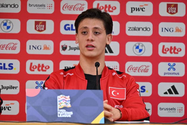 Turkiye Head Coach Montella and Arda Guler hold press conference, PK, Pressekonferenz ahead of Belgium match LIEGE, BELGIUM - OCTOBER 1: Turkiye national football team head coach Vincenzo Montella (not seen) and national player Arda Guler hold a joint press conference at the Maurice Dufrasne Stadium ahead of their UEFA Nations League League A Group 1 match against Belgium in Liege, Belgium on October 1, 2026. Dursun Aydemir Anadolu Liege Belgium. Editorial use only. Please get in touch for any other usage.  Copyright: x2026xAnadoluxDursunxAydemirx