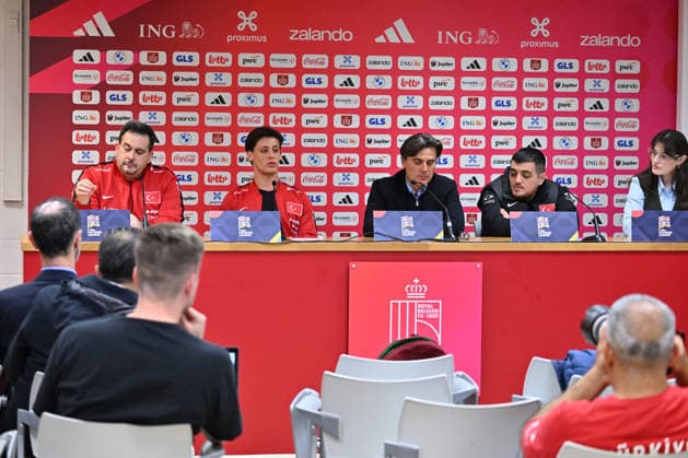 Turkiye Head Coach Montella and Arda Guler hold press conference, PK, Pressekonferenz ahead of Belgium match LIEGE, BELGIUM - OCTOBER 1: Turkiye national football team head coach Vincenzo Montella (C) and national player Arda Guler (2nd L) hold a joint press conference at the Maurice Dufrasne Stadium ahead of their UEFA Nations League League A Group 1 match against Belgium in Liege, Belgium on October 1, 2026. Dursun Aydemir Anadolu Liege Belgium. Editorial use only. Please get in touch for any other usage.  Copyright: x2026xAnadoluxDursunxAydemirx