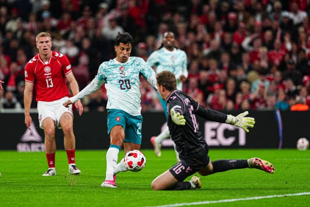 Goal: 0–1, Joao Cancelo, Portugal; 20 DEN, Denmark vs. Portugal, Soccer, UEFA Nations League A, Group 4, Matchday 3, 2026–2027 Season, October 1, 2026, DEN, Denmark vs. Portugal, Soccer, UEFA Nations League A, Group 4, Matchday 3, 2026–2027 Season, October 1, 2026, Copenhagen Copyright: xEibner-Pressefoto MarcelxvonxFehrnx EP_MFN