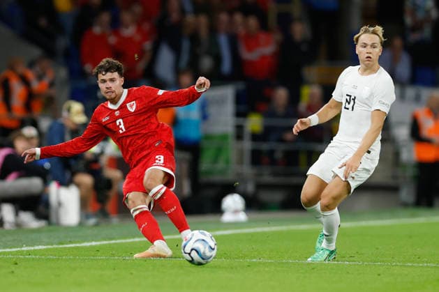 Cardiff, Wales, 1st October 2026. Neco Williams of Wales and Andreas Schjelderup of Norway during the Wales vs Norway UEFA Nations League match at the Cardiff City Stadium, Cardiff. Picture credit should read: Cody Froggatt Sportimage EDITORIAL USE ONLY. No use with unauthorised audio, video, data, fixture lists, club league logos or live services. Online in-match use limited to 120 images, no video emulation. No use in betting, games or single club league player publications. SPI_034_CF_WALES_NORWAY SPI-5050-0034