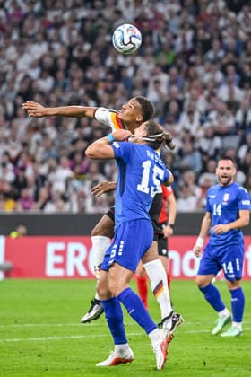 Malick Thiaw of Germany and Srdan Babic of Serbia battle for the ball during the UEFA Nations League 2026-27 group stage match between Germany and Serbia at Allianz Arena on October 1, 2026, in Munich, Germany. Photo by Harry Langer, DeFodi Images