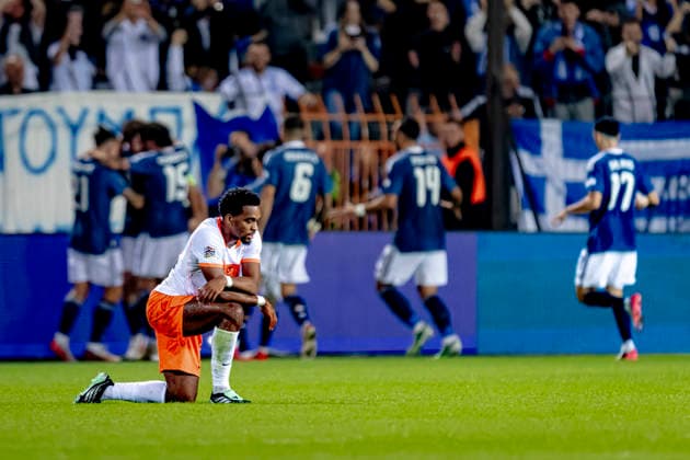 THESSALONIKI: Netherlands defender Jurriën Timber is disappointed by the goal during the UEFA Nations League match between Greece and the Netherlands at Toumba Stadium on October 1, 2026, in Thessaloniki, Greece. Photo by DeFodi Images