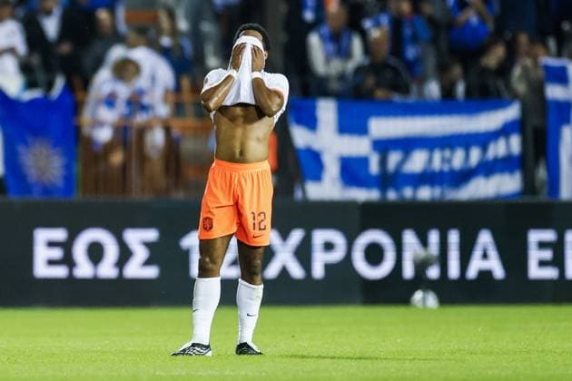 THESSALONIKI - JurriÃ«n Timber of the Netherlands reacts after falling 0-1 behind during the UEFA Nations League match between Greece and the Netherlands at Toumba Stadium on October 1, 2026, in Greece. KOEN VAN WEEL ANP xVIxANPxSportx xxANPxIVx 571090393 originalFilename: 571090393.jpg