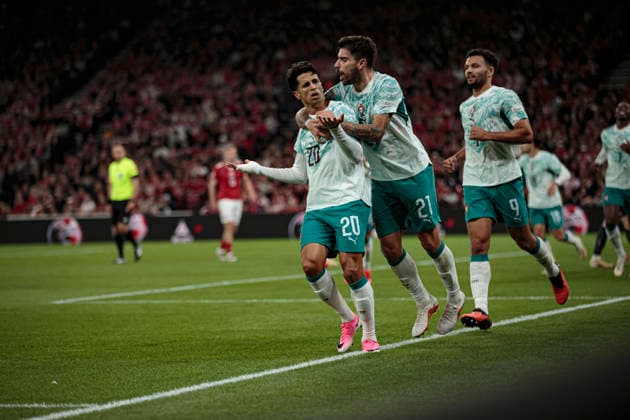 Ruben Neves and Joao Cancelo seen celebrating after scoring goal during UEFA Nations League Division A game between National Teams of Denmark and Portugal (Ernest Kolodziej Ball Raw Images) Copenhagen Parken Denmark Copyright: xErnestxKolodziejx ernestkolodziej_denmark_portugal_2627-6