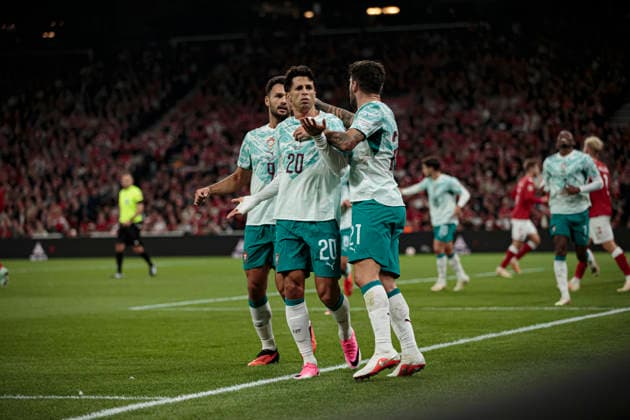 Ruben Neves and Joao Cancelo seen celebrating after scoring goal during UEFA Nations League Division A game between National Teams of Denmark and Portugal (Ernest Kolodziej Ball Raw Images) Copenhagen Parken Denmark Copyright: xErnestxKolodziejx ernestkolodziej_denmark_portugal_2627-7