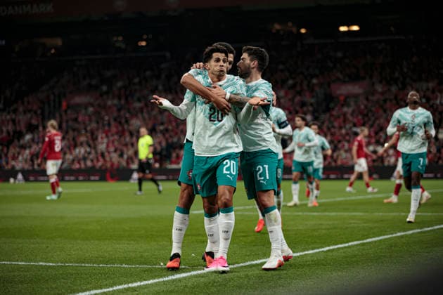 Ruben Neves and Joao Cancelo seen celebrating after scoring goal during UEFA Nations League Division A game between National Teams of Denmark and Portugal (Ernest Kolodziej Ball Raw Images) Copenhagen Parken Denmark Copyright: xErnestxKolodziejx ernestkolodziej_denmark_portugal_2627-9