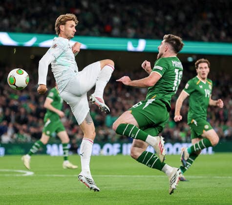 UEFA Nations League Group Stage, Aviva Stadium, Dublin 1 10 2026 Republic of Ireland vs Austria Ireland s Ryan Manning with Stefan Posch of Austria Ryan Manning with Stefan Posch 1 10 2026  Copyright: xx RB2_7105
