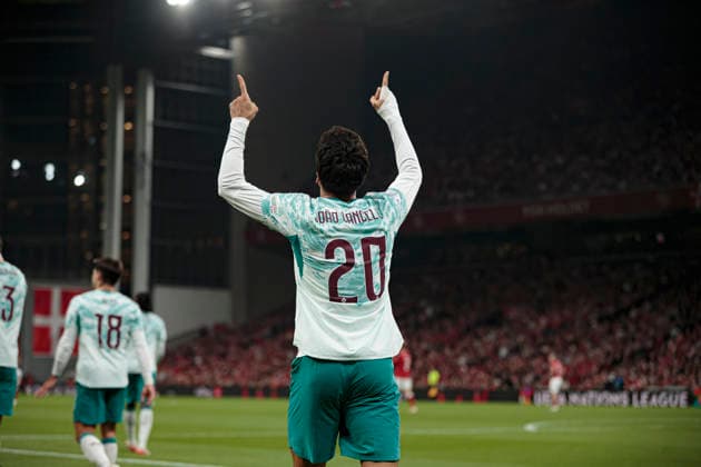 Joao Cancelo seen celebrating after scoring goal during UEFA Nations League Division A game between National Teams of Denmark and Portugal (Ernest Kolodziej Ball Raw Images) Copenhagen Parken Denmark Copyright: xErnestxKolodziejx ernestkolodziej_denmark_portugal_2627-27