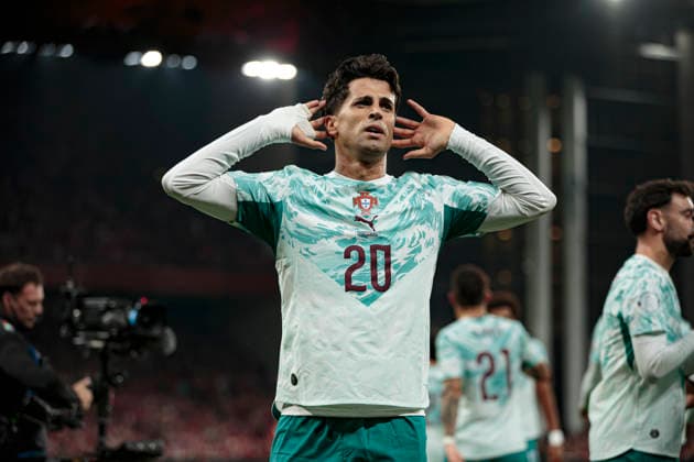 Joao Cancelo seen celebrating after scoring goal during UEFA Nations League Division A game between National Teams of Denmark and Portugal (Ernest Kolodziej Ball Raw Images) Copenhagen Parken Denmark Copyright: xErnestxKolodziejx ernestkolodziej_denmark_portugal_2627-19