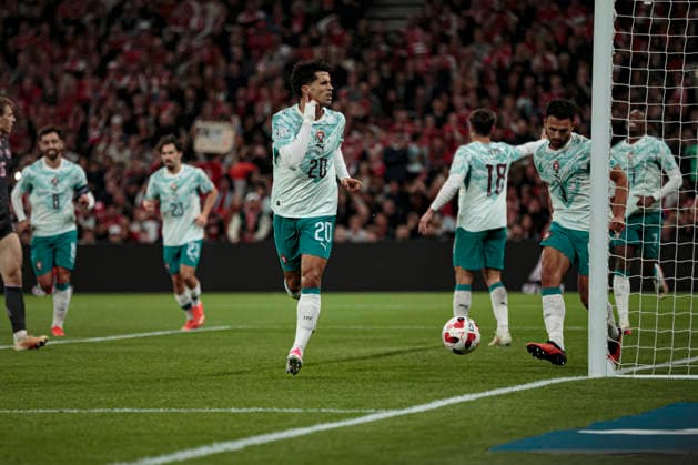 Joao Cancelo seen celebrating after scoring goal during UEFA Nations League Division A game between National Teams of Denmark and Portugal (Ernest Kolodziej Ball Raw Images) Copenhagen Parken Denmark Copyright: xErnestxKolodziejx ernestkolodziej_denmark_portugal_2627-2