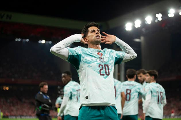 Joao Cancelo seen celebrating after scoring goal during UEFA Nations League Division A game between National Teams of Denmark and Portugal (Ernest Kolodziej Ball Raw Images) Copenhagen Parken Denmark Copyright: xErnestxKolodziejx ernestkolodziej_denmark_portugal_2627-25