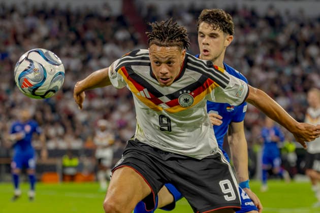 Munich, Germany October 1, 2026 UEFA Nations League 2026–2027 League Phase Group A2 Match 3 Germany vs. Serbia Pictured: Derry Scherhant (GER) and Kosta Nedelikovic (SRB) DFB and DFL regulations prohibit any use of photographs as image sequences and or quasi-video Allianz Arena Bavaria Copyright: xFotostandx xSchäferx