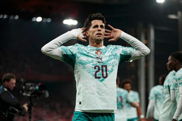 Joao Cancelo seen celebrating after scoring goal during UEFA Nations League Division A game between National Teams of Denmark and Portugal (Ernest Kolodziej Ball Raw Images) Copenhagen Parken Denmark Copyright: xErnestxKolodziejx ernestkolodziej_denmark_portugal_2627-20