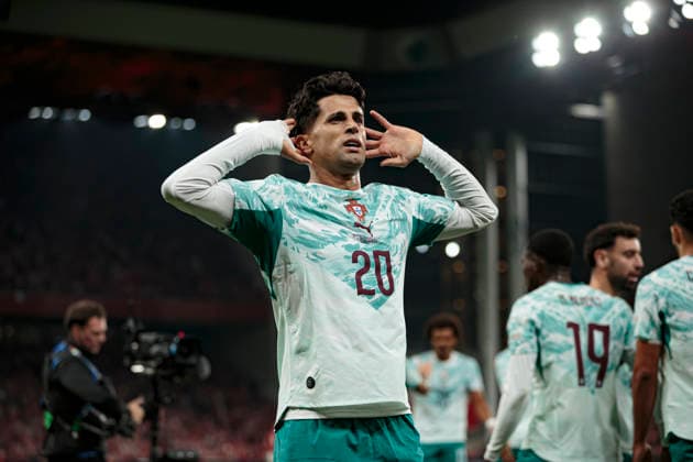 Joao Cancelo seen celebrating after scoring goal during UEFA Nations League Division A game between National Teams of Denmark and Portugal (Ernest Kolodziej Ball Raw Images) Copenhagen Parken Denmark Copyright: xErnestxKolodziejx ernestkolodziej_denmark_portugal_2627-21