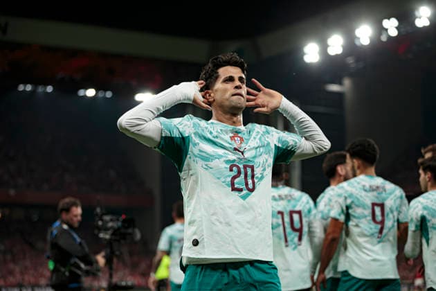 Joao Cancelo seen celebrating after scoring goal during UEFA Nations League Division A game between National Teams of Denmark and Portugal (Ernest Kolodziej Ball Raw Images) Copenhagen Parken Denmark Copyright: xErnestxKolodziejx ernestkolodziej_denmark_portugal_2627-22